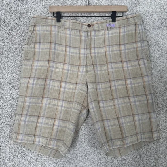 Tommy Bahama Silk Linen Shorts Mens 38 Tan Beige Plaid 10" Inseam - Picture 1 of 15